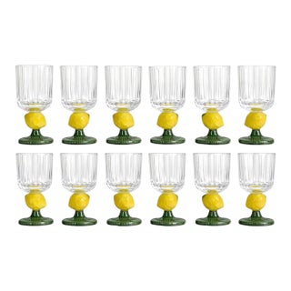 Bordallo Pinheiro Style Green Stem Lemon Motif Hand Blown Fluted Glass Goblets - Set of 12 For Sale