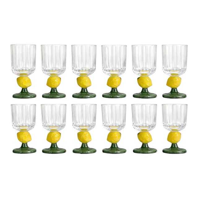 Bordallo Pinheiro Style Green Stem Lemon Motif Hand Blown Fluted Glass Goblets - Set of 12 For Sale