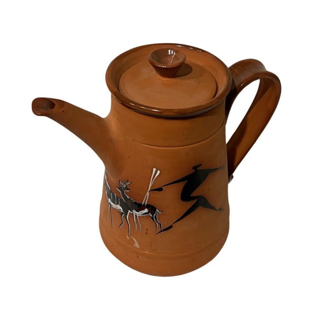 Vintage Mid Century Modern African Tribe Hunting Ceramic Terra Cotta Teapot Vintage Gazelle For Sale - Image 4 of 10