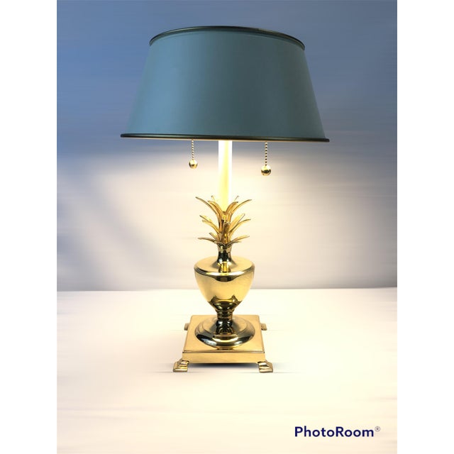 Vintage Polished Solid Brass Pineapple Lamp With White Metal Shade For Sale - Image 10 of 10
