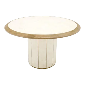 Round Travertine Tile Brass Inlay Cylinder Base Dining Conference Table