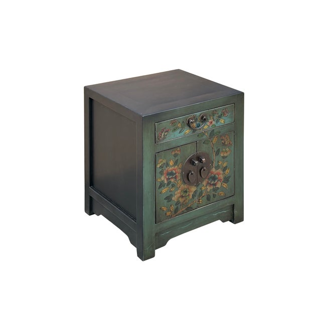 Asian Oriental Distressed Teal Green Flowers Graphic End Table Nightstand For Sale - Image 3 of 8