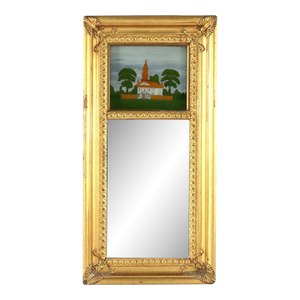 Antique Federal Trumeau Reverse Painted Gilt Wood Mirror Unsigned 19thC