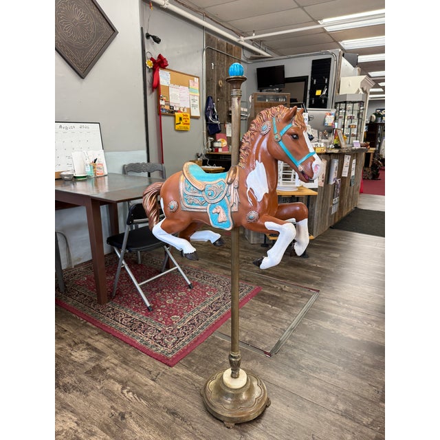 Hand Painted Antique Carousel Horse With Brass Torchiere Stand For Sale - Image 15 of 16