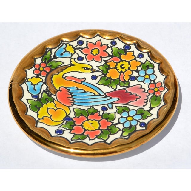 Arcore Ceramica Vintage Handmade Spanish Coaster 3.75 Inch 24k Gold Exotic Bird Floral Design Majolica For Sale - Image 4 of 12