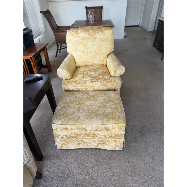 High end Jessica Charles Furniture, Berkeley Swivel Rocker with Ottoman in raw silk. This vintage-style yellow raw silk...