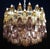Italian modern chandelier with clear, amber, and amethyst polyhedron / polyhedral shaped Murano glasses, mounted on white...