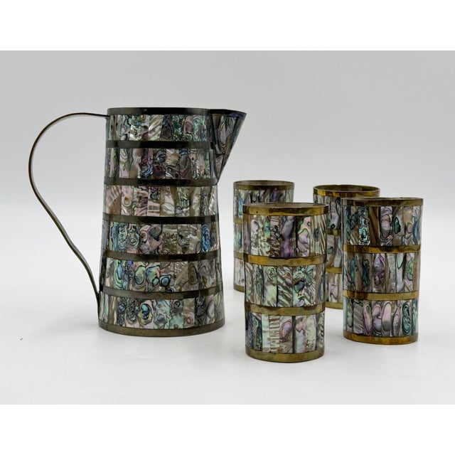 Emilia Castillo 1950s Alfredo Villasana Taxco Brass & Abalone Pitcher and Tumblers - Set of 5 For Sale - Image 4 of 18