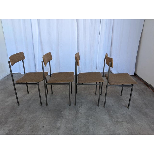 Industrial Vintage Industrial Black Metal School Chairs with Brown Fabric Seats, 1970s, Set of 4 For Sale - Image 3 of 18