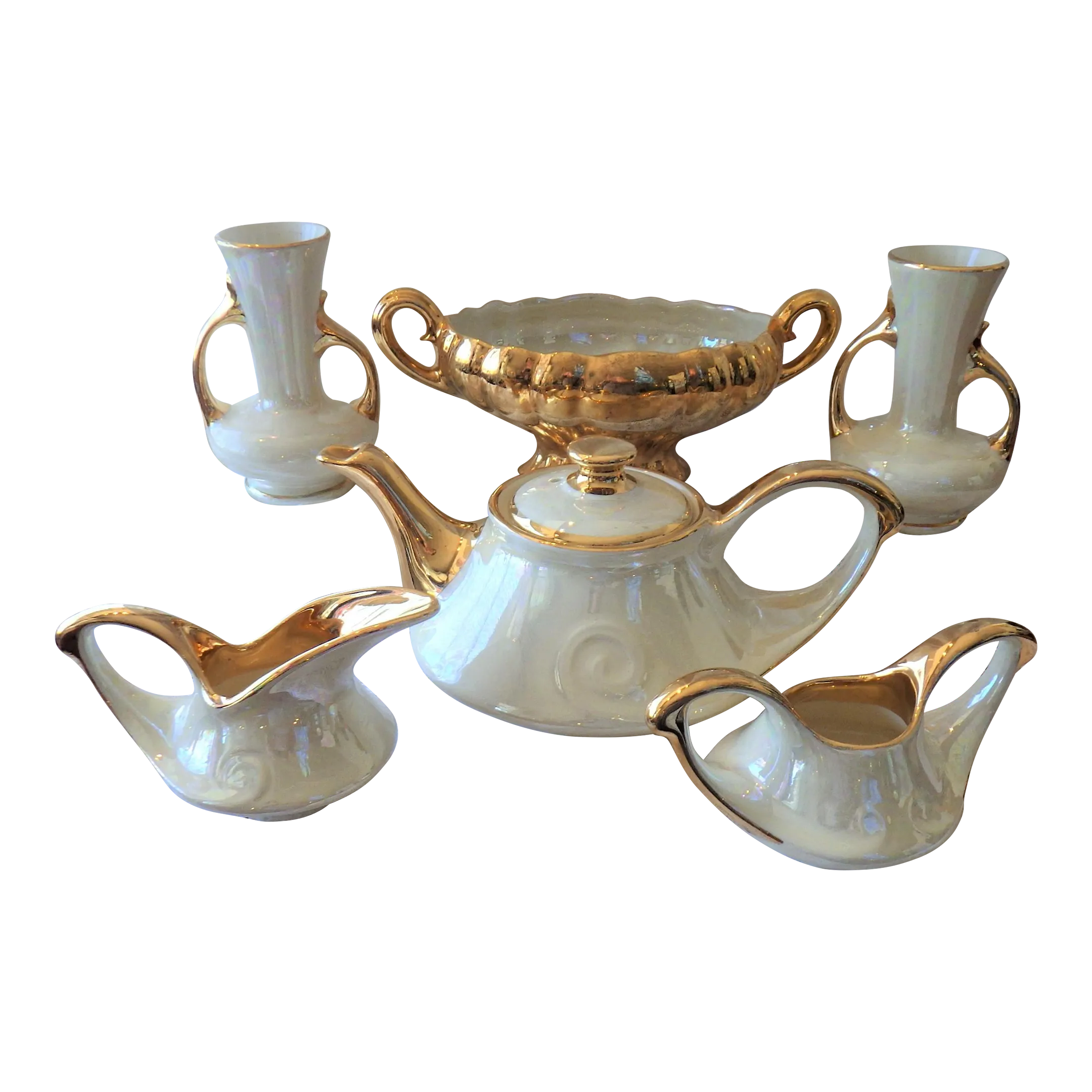 1950s Hollywood Regency Pearl China Co. Hand Decorated 22 K Gold