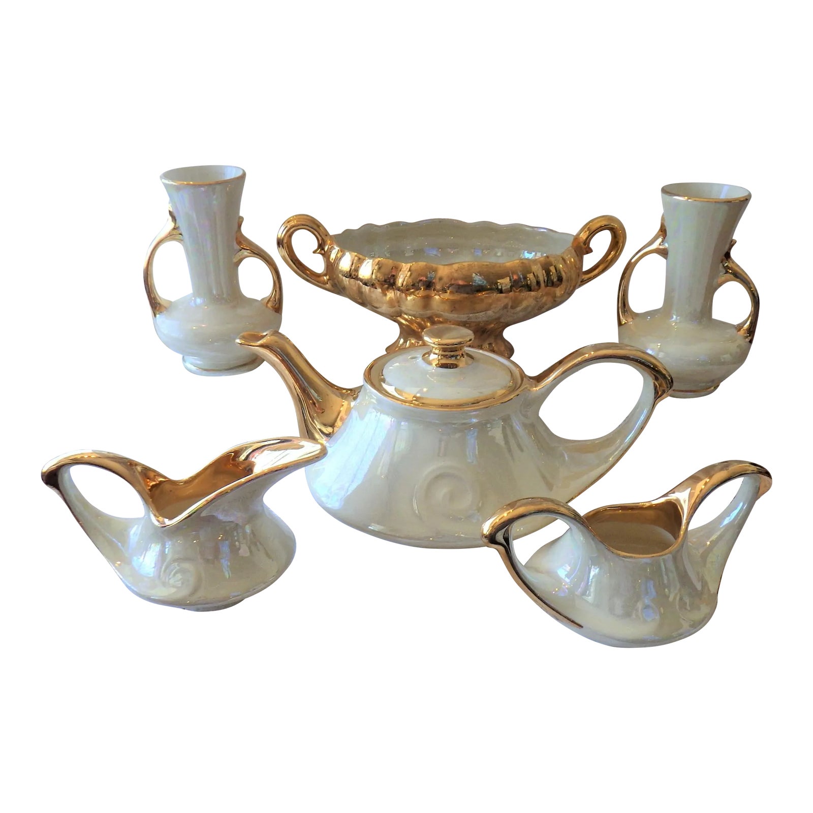 1950s Hollywood Regency Pearl China Co. Hand Decorated 22 K Gold