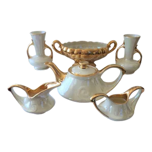 1950s Hollywood Regency Pearl China Co. Hand Decorated 22 K Gold Teapot, Creamer & Sugar, Pair of Vases and Centerpiece Bowl Set- 6 Pieces