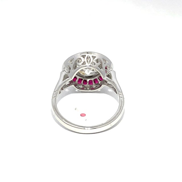 Vintage Platinum 3.17cts Old Euro Cut Diamond and 1.19cts Ruby Halo Ring, Size 6.5 For Sale In New York - Image 6 of 11