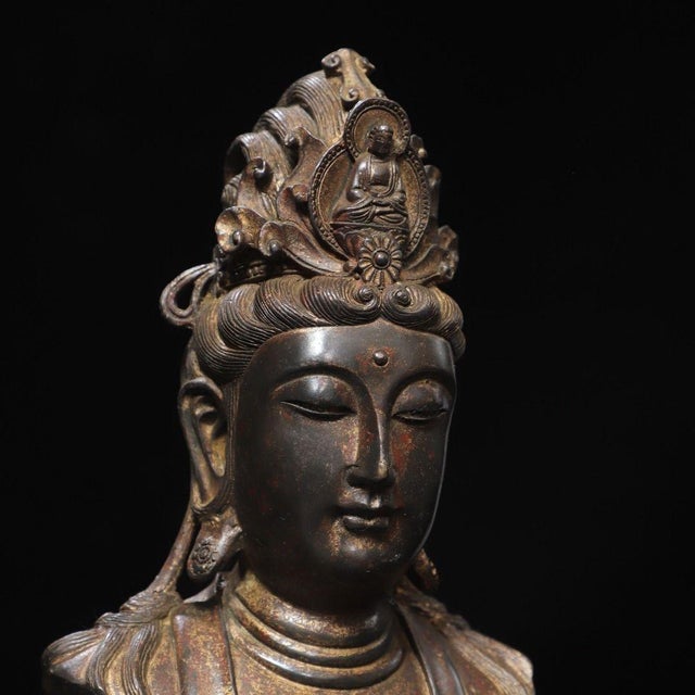 Bronze Vintage Gilt Bronze Bodhisattva Head Bust / Guanyin Statue For Sale - Image 8 of 9