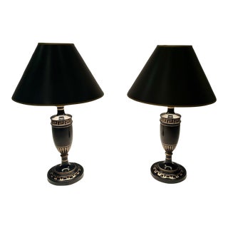 Ebonized Wood Greek Key Decorated Table Lamps- a Pair For Sale