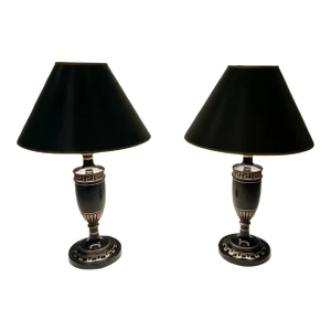 Ebonized Wood Greek Key Decorated Table Lamps- a Pair