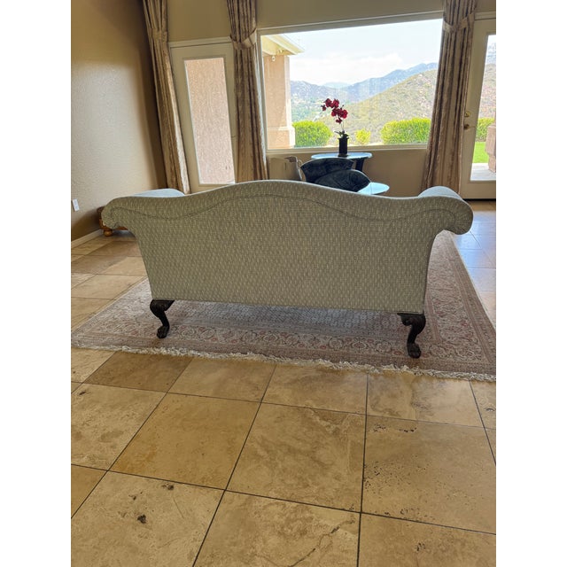 Vintage Reproduction Camelback Newly Upholstered Sofa With Coordinating Custom Blue Velvet Accent Pillows For Sale - Image 4 of 12