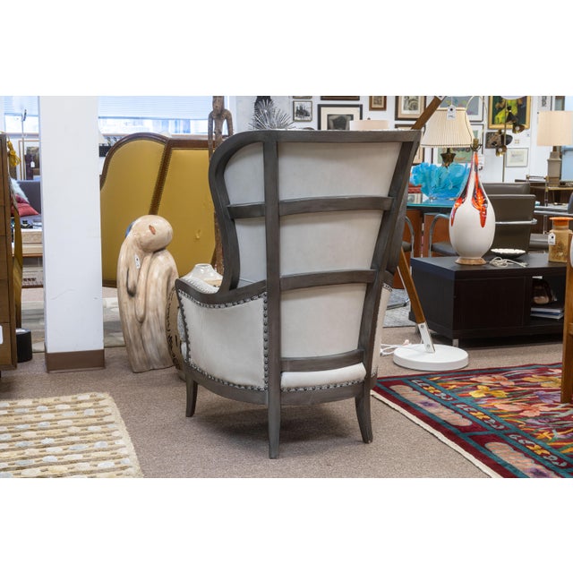 Wood Pair of Arhaus Portsmouth Collection Gray Fabric & Leather Contemporary Chairs For Sale - Image 7 of 13