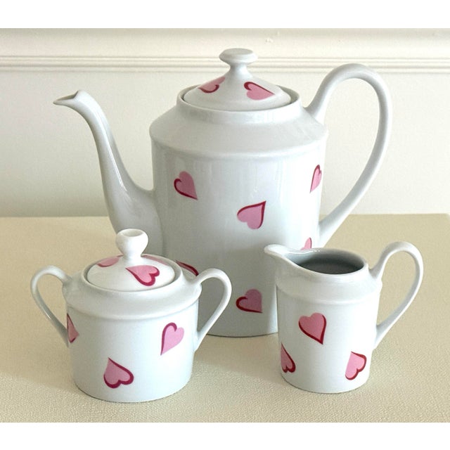 D Porthault Paris Porcelain Pink Coeurs "Hearts" three piece set- coffee pot, sugar and creamer set. Made from high-...