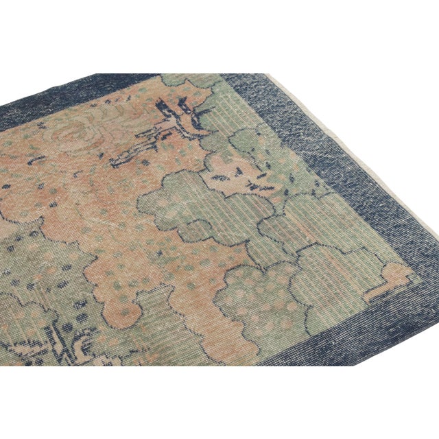 1960s Hand-Knotted Vintage Distressed Deco Rug in Blue, Cream Floral Pattern For Sale - Image 4 of 6