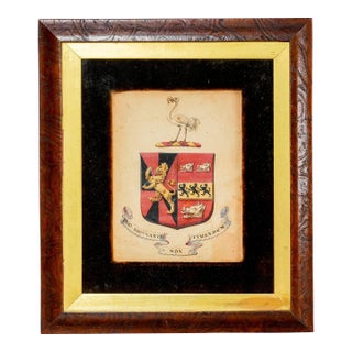 Stately English Antique Hand Painted Family Crest Coat of Arms Crest Latin Motto Armorial For Sale