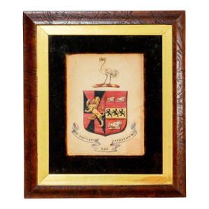 Stately English Antique Hand Painted Family Crest Coat of Arms Crest Latin Motto Armorial