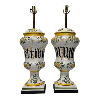 Pair of Italian Maiolica Apothecary Jars Converted to Lamps For Sale