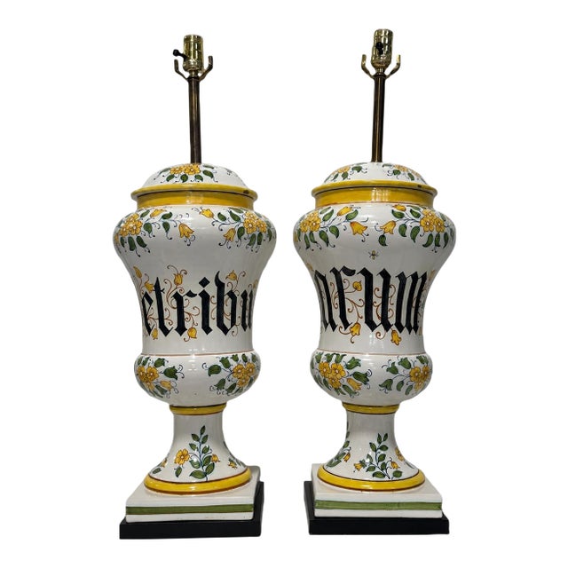 Pair of Italian Maiolica Apothecary Jars Converted to Lamps For Sale