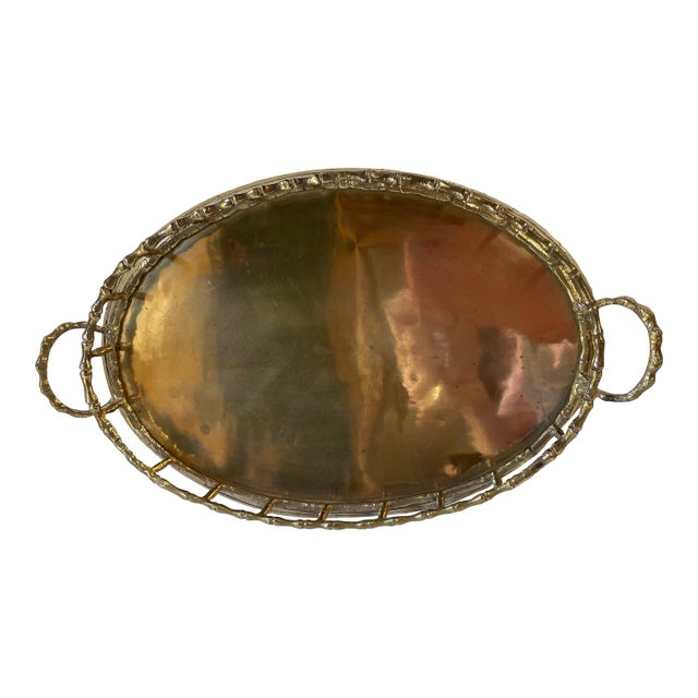Vintage Oval Brass Faux Bamboo Tray For Sale