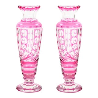 Mid-Century Modern Val Saint Lambert Pink Glass Vases Cut & Etched Decorated For Sale
