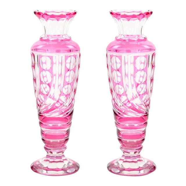 Mid-Century Modern Val Saint Lambert Pink Glass Vases Cut & Etched Decorated For Sale