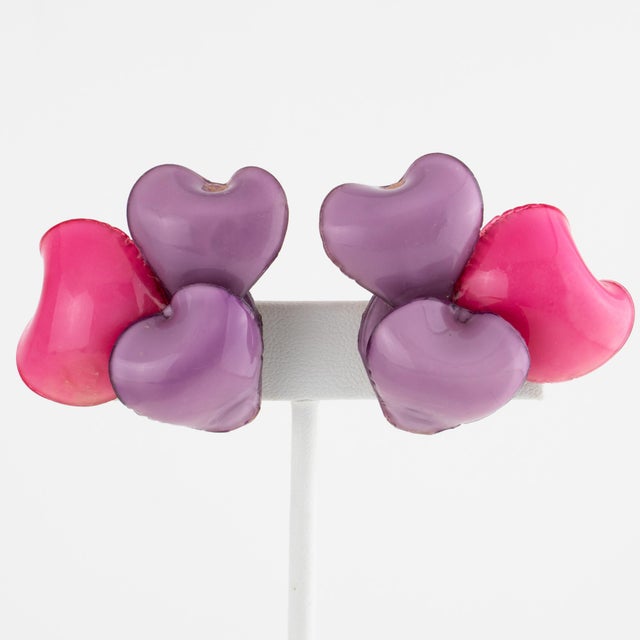 Contemporary Francoise Montague Lavender and Pink Heart Resin Clip Earrings For Sale - Image 3 of 7