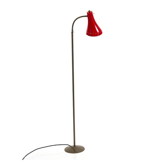 Brass Reading Lamp with Red Cone and Handle, 1950s, in Very Good conditions. Designed 1950 to 1959 European Plug (up to...