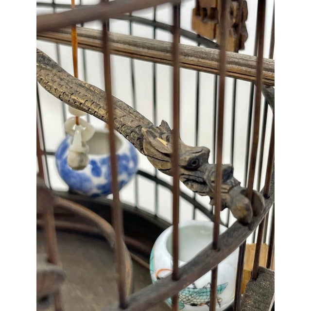 Late 20th Century 19th C Chinese Bamboo Birdcage Fully Ornamented, Hand Carved Dragon Perch. For Sale - Image 5 of 11