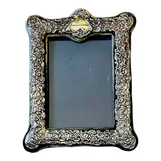 1980s Rococo Revival Silverplated Picture Frame With Floral Scrollwork and Crest Cartouche 10.75" × 8.5" for 5" × 7" Image For Sale