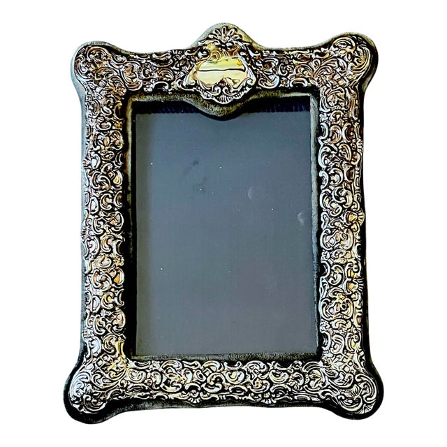 1980s Rococo Revival Silverplated Picture Frame With Floral Scrollwork and Crest Cartouche 10.75" × 8.5" for 5" × 7" Image For Sale
