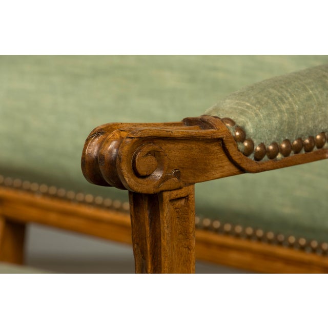 18th Century French Louis XVI Walnut Settee With Celadon Velvet For Sale - Image 10 of 18