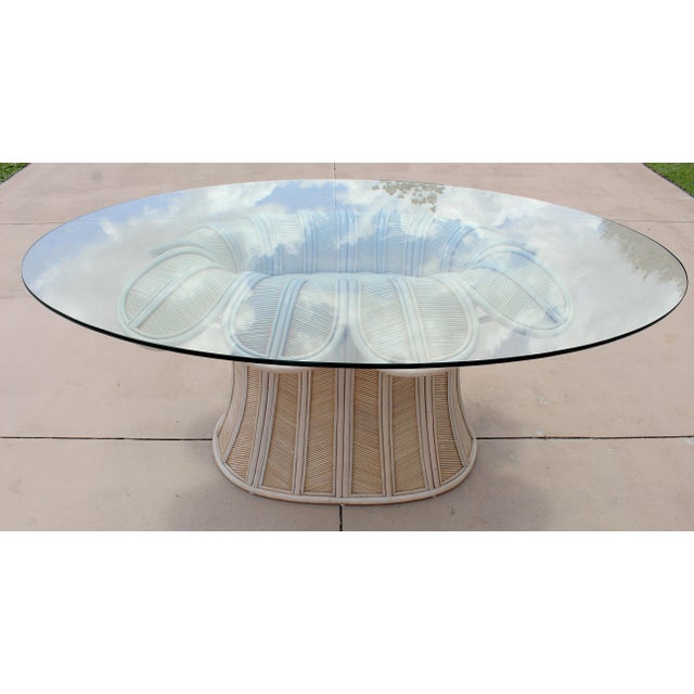 Vintage Hollywood Regency Style Flower Pencil Reed Rattan Pedestal Dining Table With Oval Glass Top For Sale In Naples, FL - Image 6 of 18