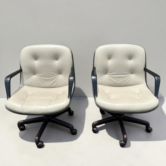 1970s Cream Vinyl Faux Leather Steelcase 451 Swivel Chairs - a Pair For Sale - Image 5 of 12