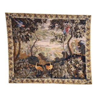 Early 20th Century French Aubusson Handwoven Tapestry With Birds and Castle Scene For Sale