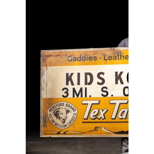 Vintage Painted Tin Tex Tan Western Wear Sign For Sale - Image 4 of 9