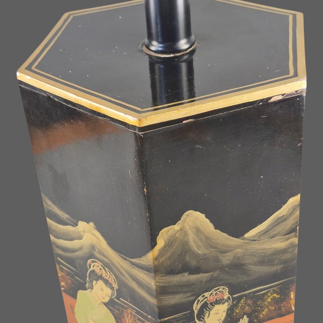 Paint Vintage Asian Black Lacquer Hexagonal Figural Chinoiserie Table Lamp For Sale - Image 7 of 12