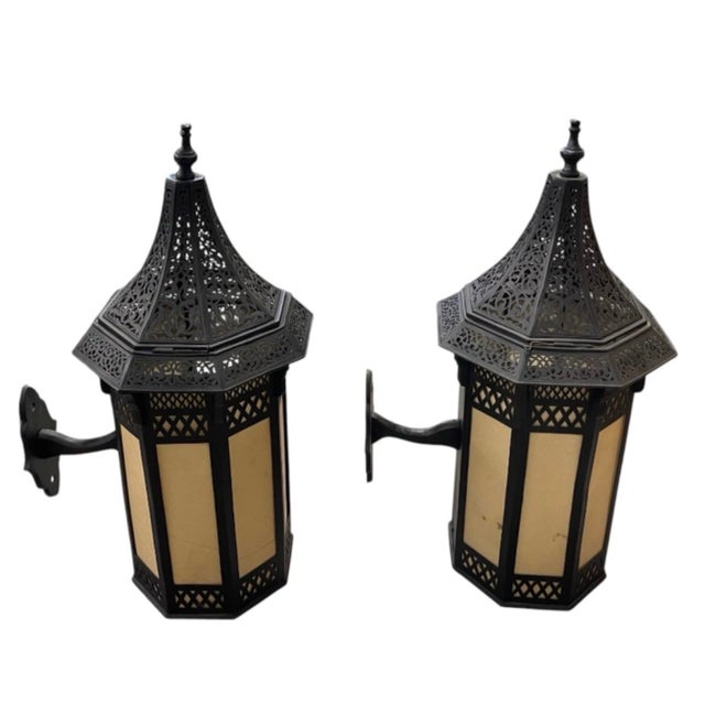 Moroccan Vintage Moroccan-Style Wrought Metal and Glass Wall Lanterns - a Pair For Sale - Image 3 of 12