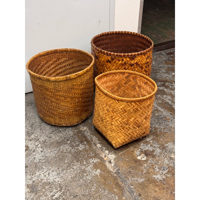 Brown Vintage Handwoven Wicker Baskets, Set of Three For Sale - Image 8 of 12
