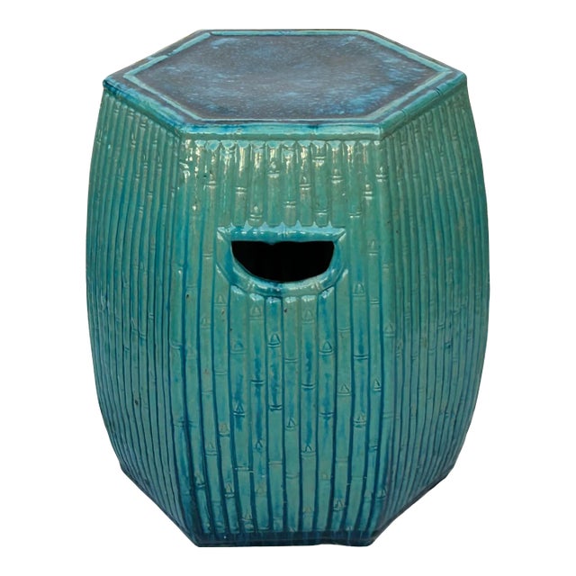 Chinese Hexagon Bamboo Theme Turquoise Green Ceramic Clay Garden Stool For Sale