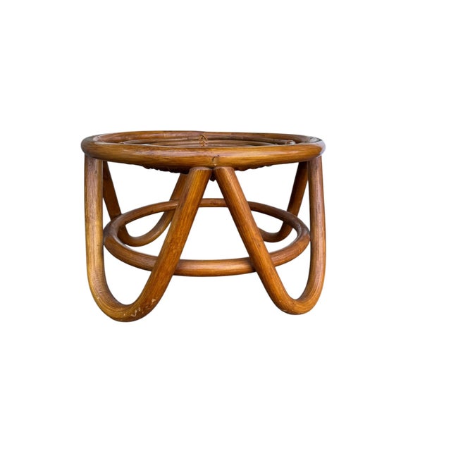 1970s Vintage 1970s Rattan Round Ottoman — Woven Boho Foot Stool For Sale - Image 5 of 10