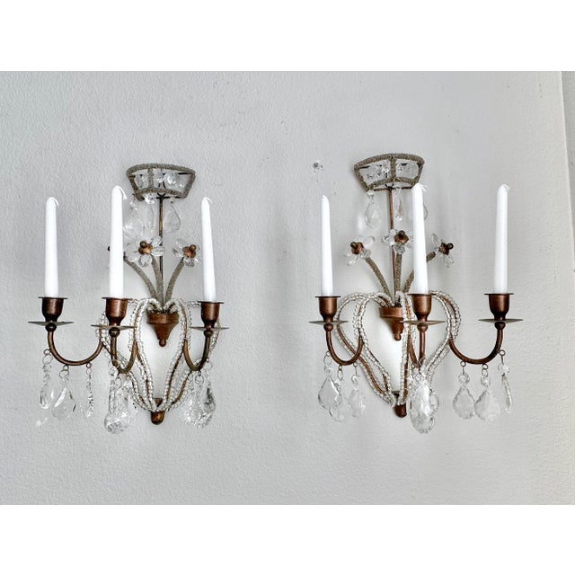 Traditional Pair of Bagues Style Crystal Beaded Candle Wall Sconces For Sale - Image 3 of 16