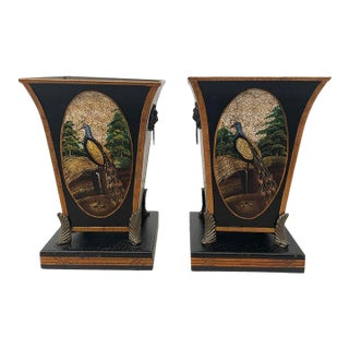2 Vintage Castilian Imports Regency Tole Cachepot With Peacocks 11” For Sale