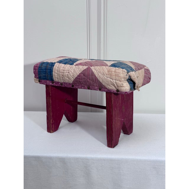 This is an upholstered seat covered with a traditional, hand-stitched Hourglass quilt block pattern (also known as a...
