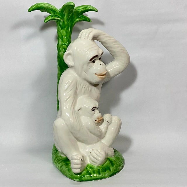 Chinoiserie Vintage Majolica Monkey Pair With Palm Tree, Italy, 16” Tall For Sale - Image 3 of 12